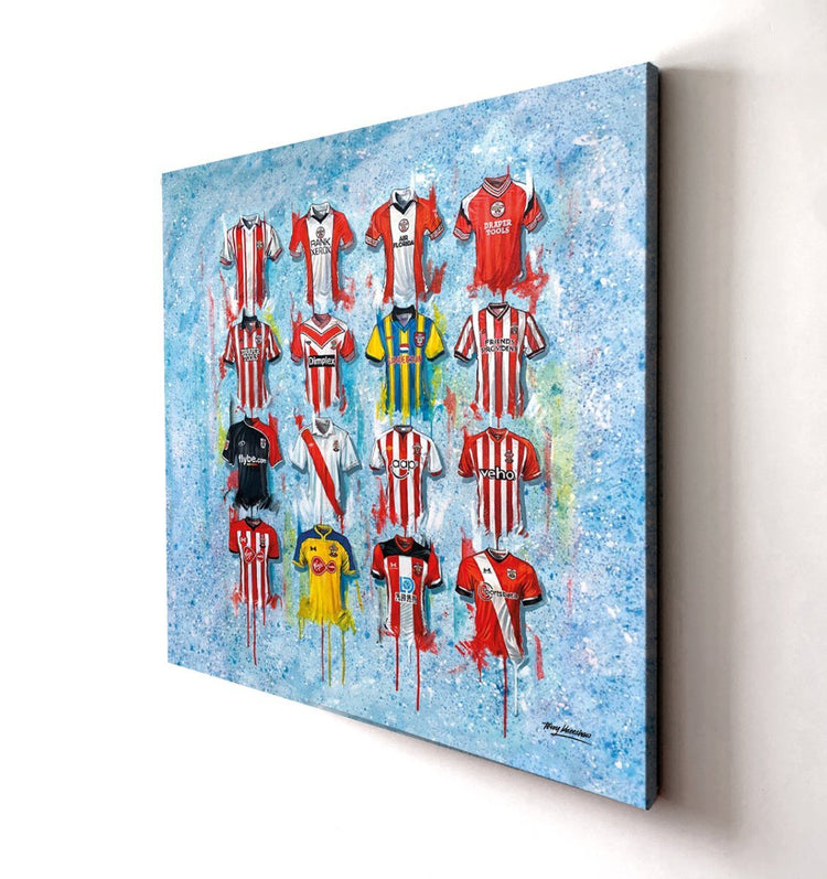 Canvases featuring vintage and modern football shirt artwork by Terry Kneeshaw, available in small, medium, and large sizes to suit any space with bold, dynamic designs.