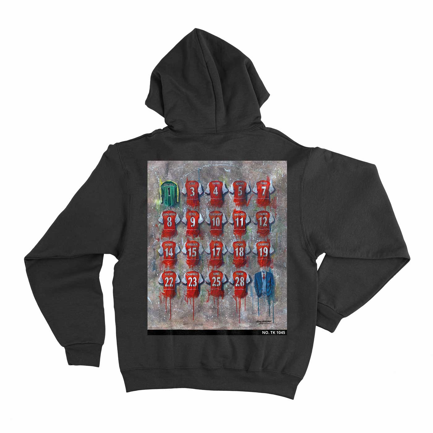 Arsenal `invincible Hoodie from Terry Kneeshaw, blending art with fashion, made from soft 350 gsm fleece, available in Black, Heather Grey, and sizes XS-5XL, individually numbered.