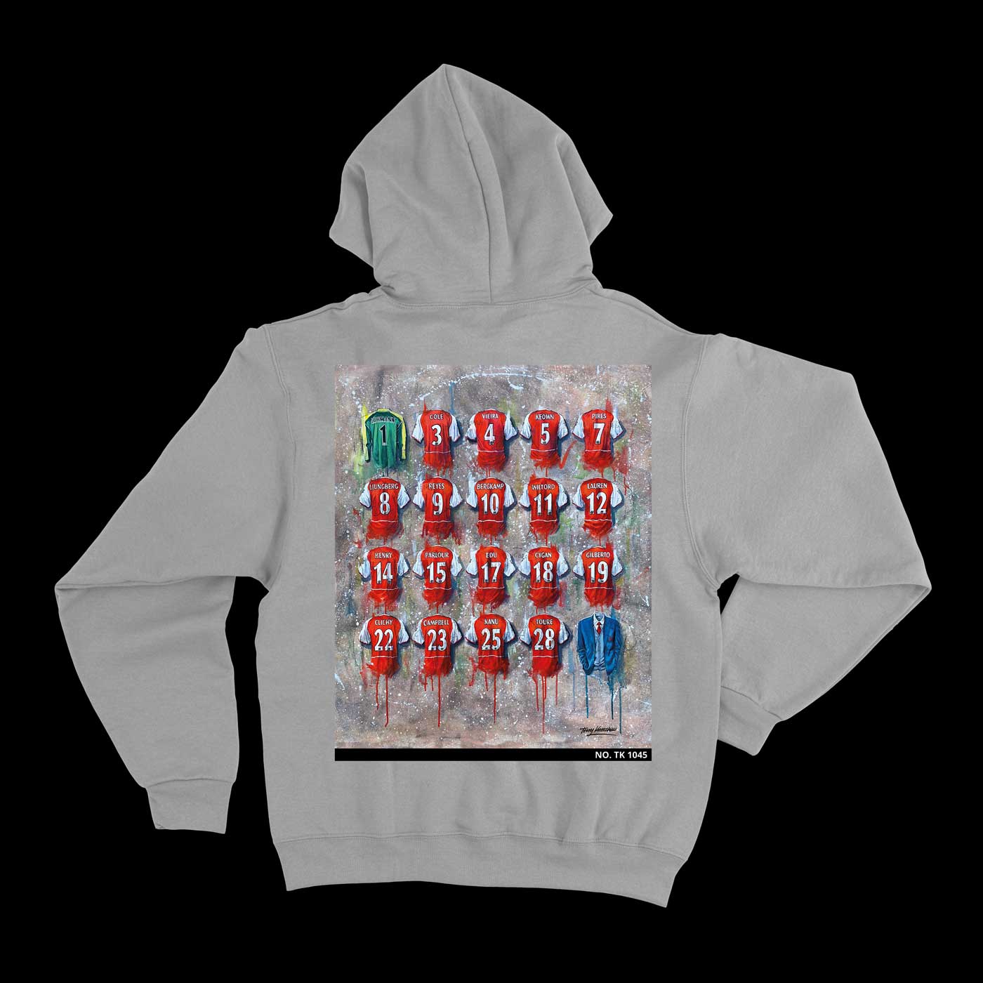Arsenal `invincible Hoodie from Terry Kneeshaw, blending art with fashion, made from soft 350 gsm fleece, available in Black, Heather Grey, and sizes XS-5XL, individually numbered.
