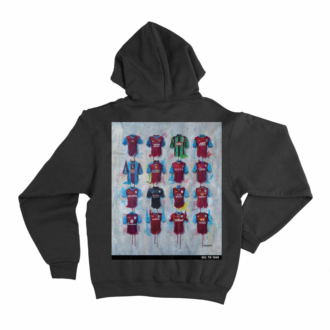 Aston Villa Hoodie from Terry Kneeshaw, blending art with fashion, made from soft 350 gsm fleece, available in black, grey, and sizes XS-5XL, individually numbered.