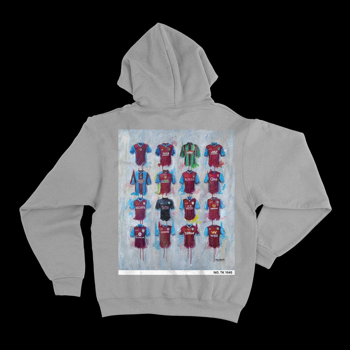 Aston Villa Hoodie from Terry Kneeshaw, blending art with fashion, made from soft 350 gsm fleece, available in Black, Heather Grey, and sizes XS-5XL, individually numbered.