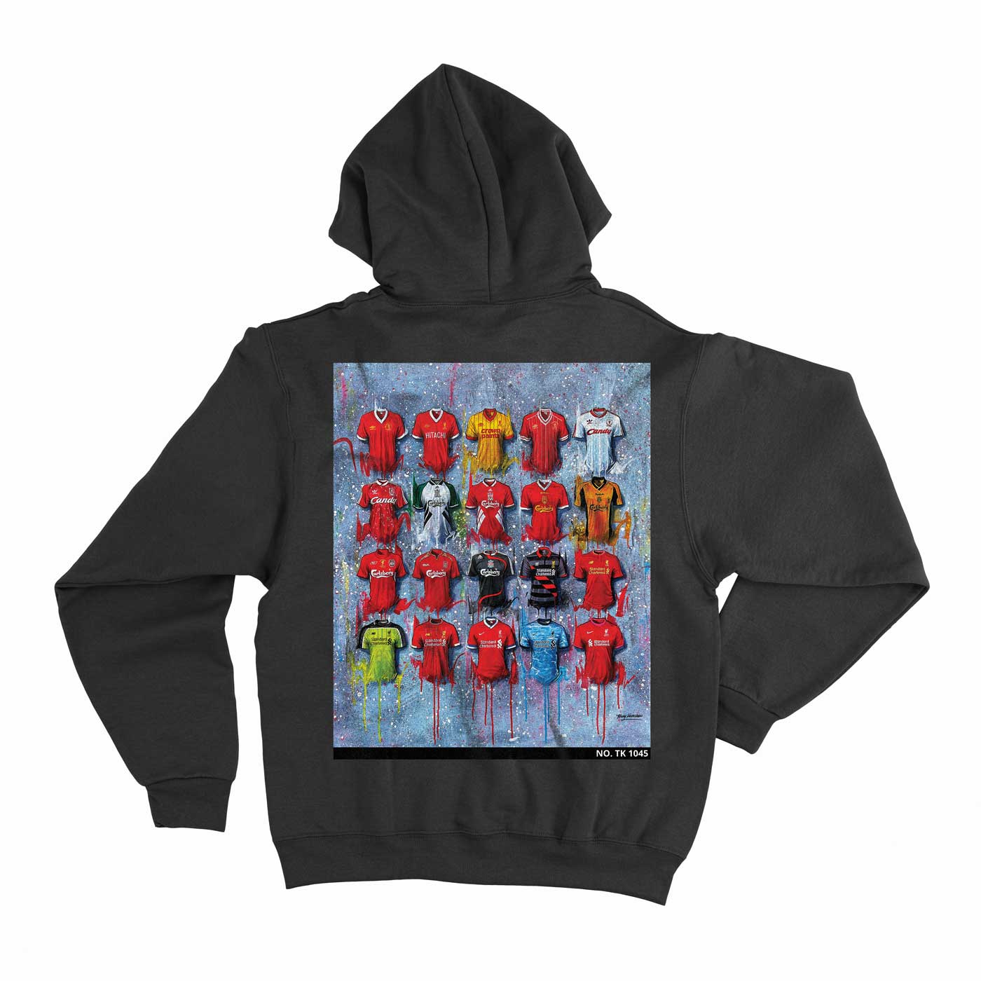 Liverpool Anfield Hoodie from Terry Kneeshaw, blending art with fashion, made from soft 350 gsm fleece, available in Black, Heather Grey, and sizes XS-5XL. All individually numbered.