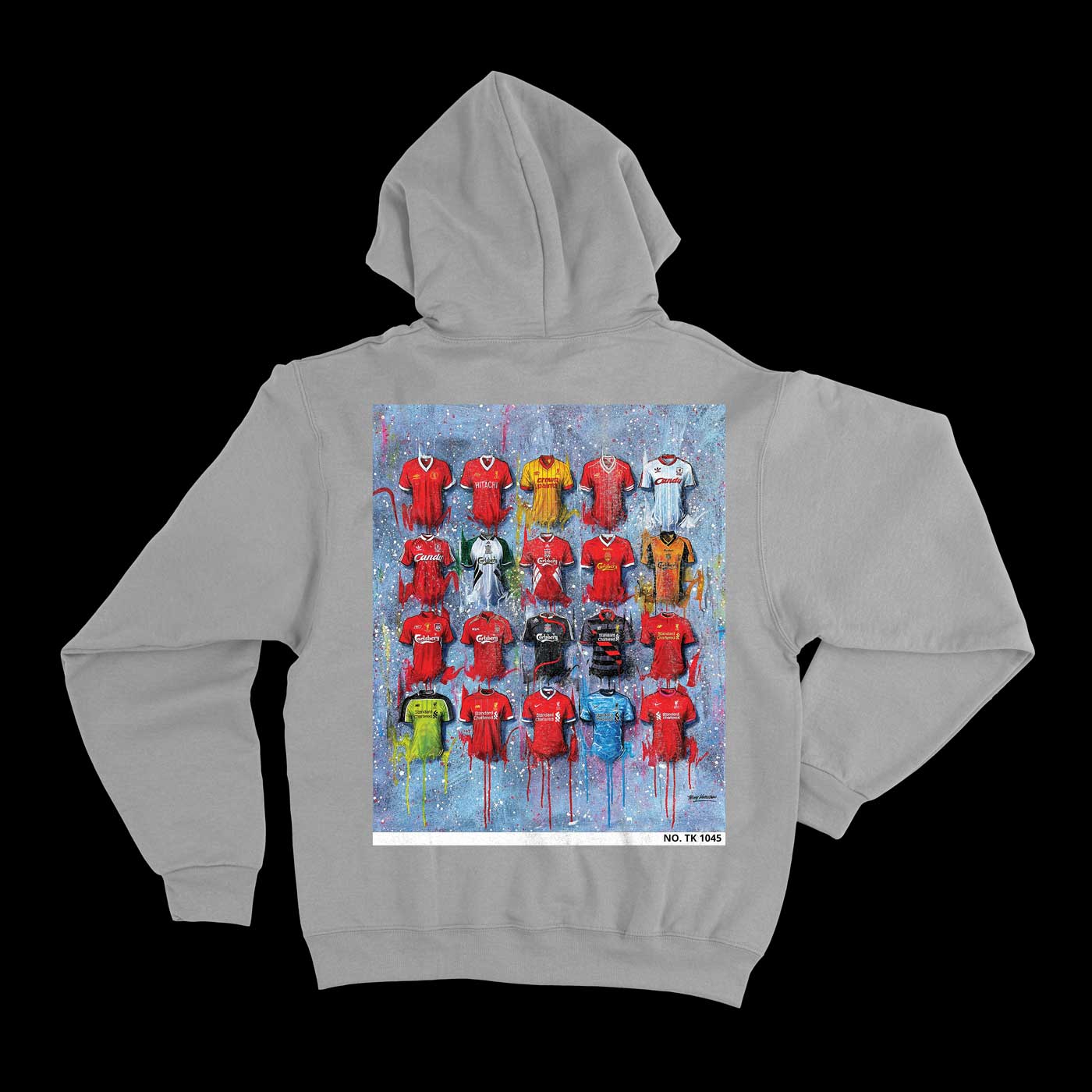 Liverpool Anfield Hoodie from Terry Kneeshaw, blending art with fashion, made from soft 350 gsm fleece, available in Black, Heather Grey, and sizes XS-5XL. All individually numbered.