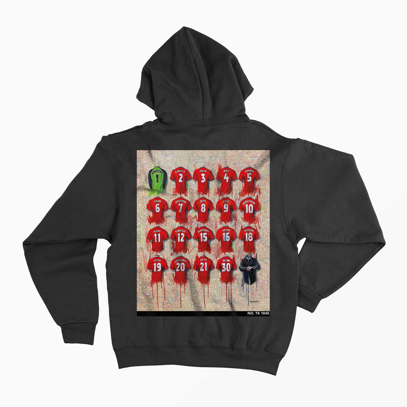 The Man United Treble Winners Collection by Terry Kneeshaw combines art and fashion in a luxurious hoodie made from eco-friendly materials, available in multiple sizes and colours Black and White.