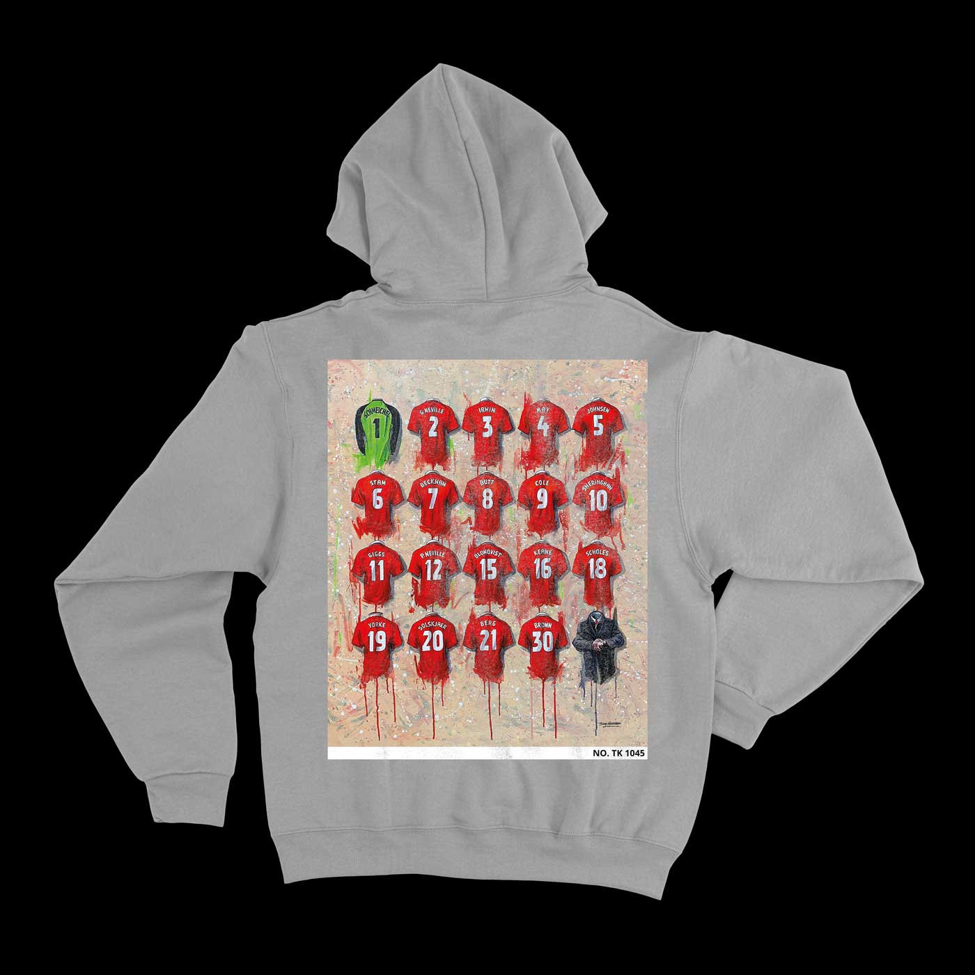 The Man United Treble Winners Collection by Terry Kneeshaw combines art and fashion in a luxurious hoodie made from eco-friendly materials, available in multiple sizes and colours Black and White.