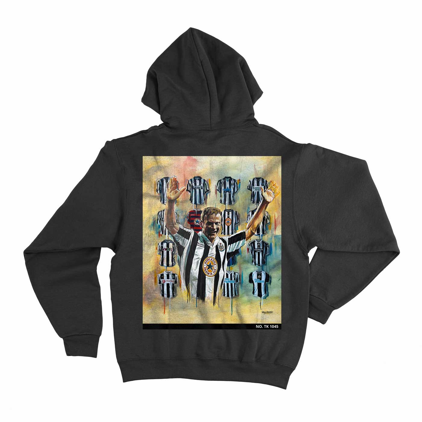 "Newcastle Top Scorer hoodie, limited edition, individually numbered, Terry Kneeshaw, original painting, Newcastle Shearer black, Proud to Wear the Shirt Collection, rich football history, legendary players, vibrant essence, exclusive collection, durable wear, advanced printing, sharp, vivid print, unique wardrobe addition, show support, wear with pride."