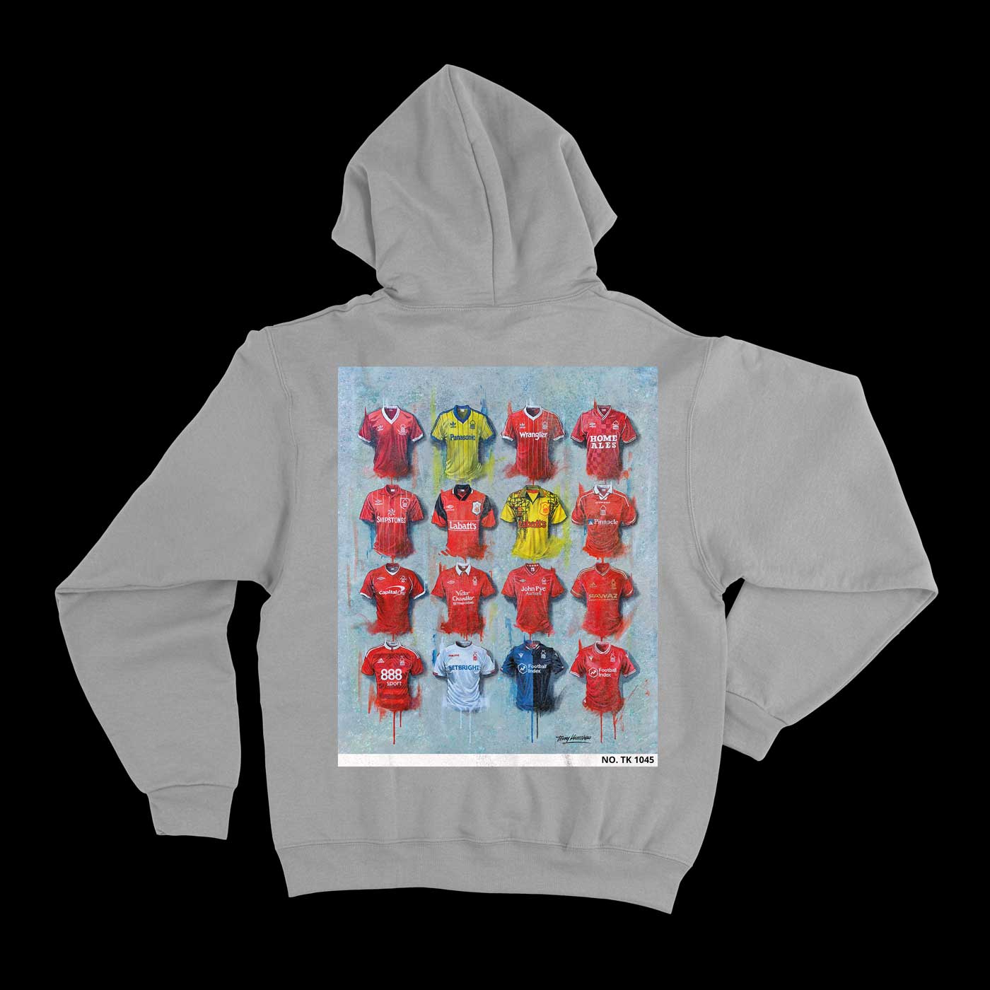 Individually numbered Notts Forest Hoodie from Terry Kneeshaw, blending art with fashion, made from soft 350 gsm fleece, available in Black, Heather Grey, and sizes XS-5XL.