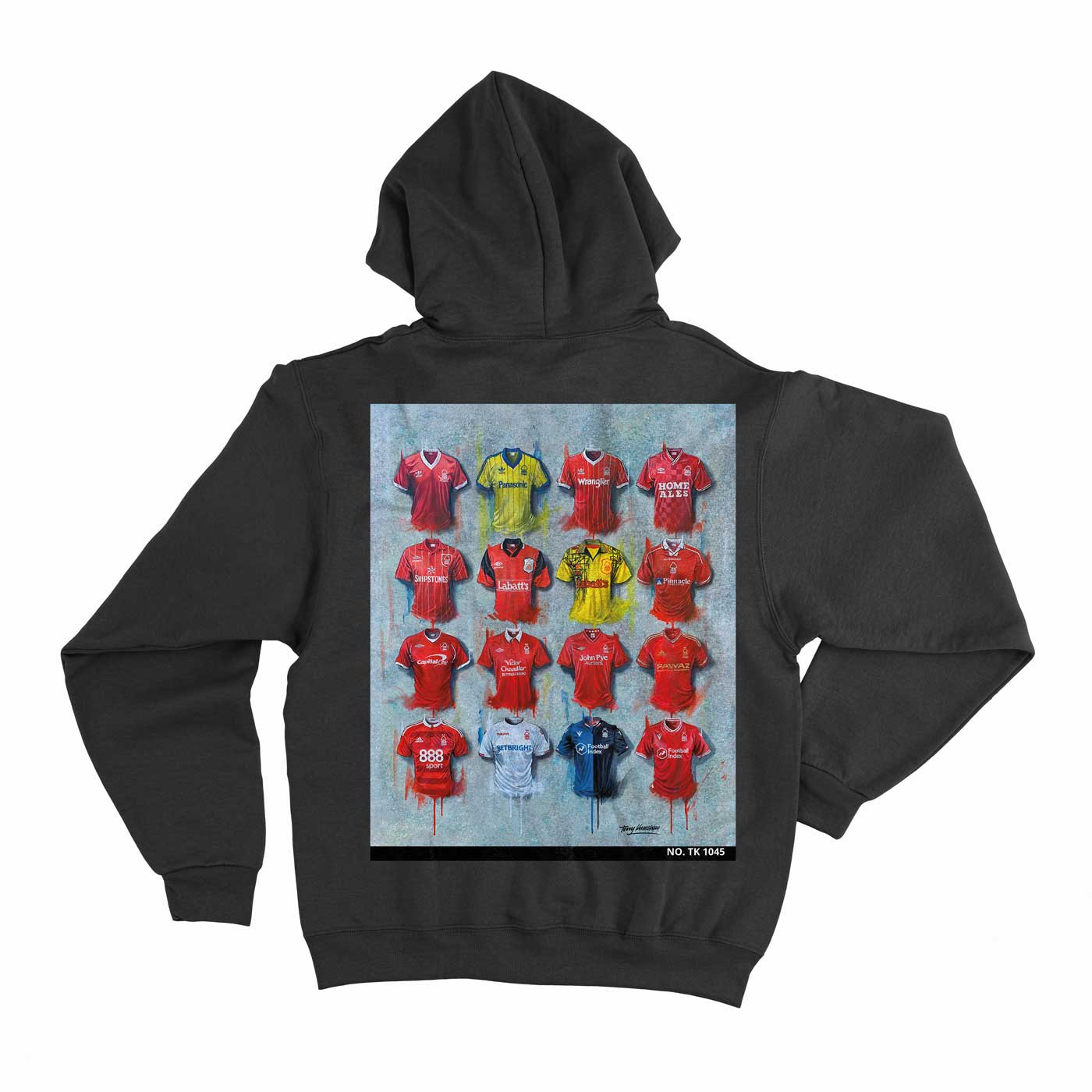 Individually numbered Notts Forest Hoodie from Terry Kneeshaw, blending art with fashion, made from soft 350 gsm fleece, available in Black, Heather Grey, and sizes XS-5XL.