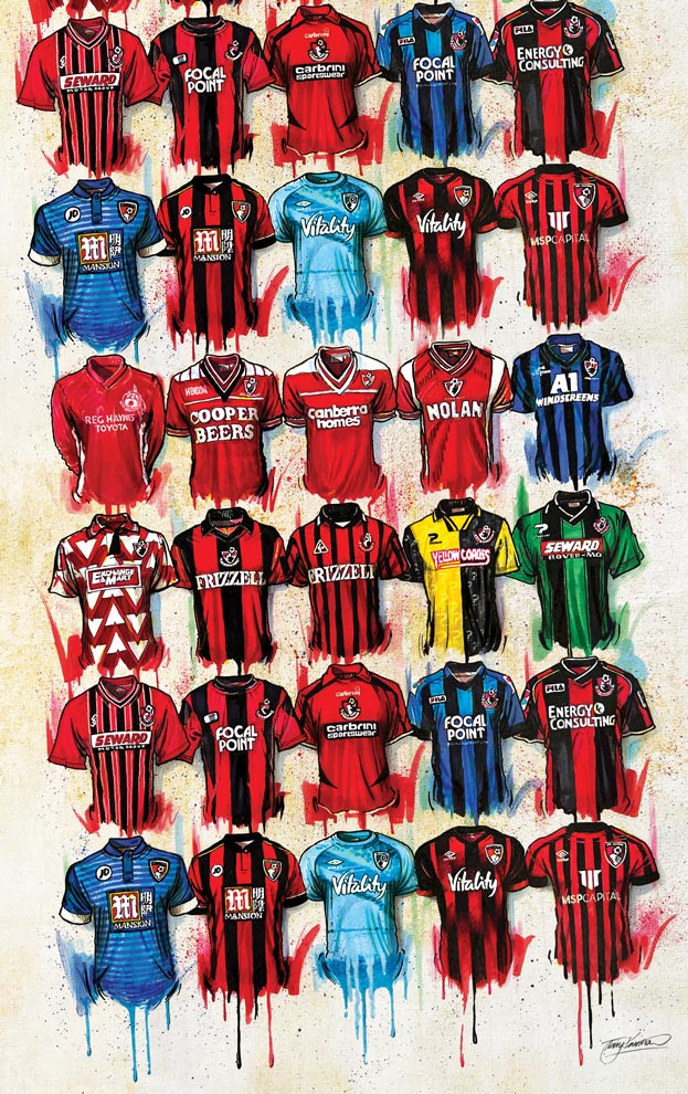 Bournemouth Football Shirts - Tea Towel - Terry Kneeshaw Art