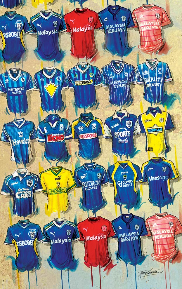 Cardiff Football Shirts - Tea Towel - Terry Kneeshaw Art