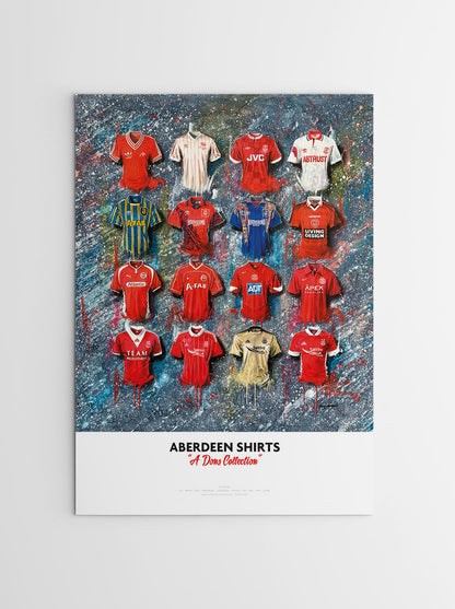 Artwork by Terry Kneeshaw depicting a collection of twenty iconic Aberdeen home and away jerseys, selected by the fans. The kits are predominantly red or white with black and gold accents and feature the Aberdeen crest, kit manufacturer, and shirt sponsor logos on the front. The artwork is a high-quality print of a hand-painted original, which uses textured brushstrokes to create a dynamic effect.