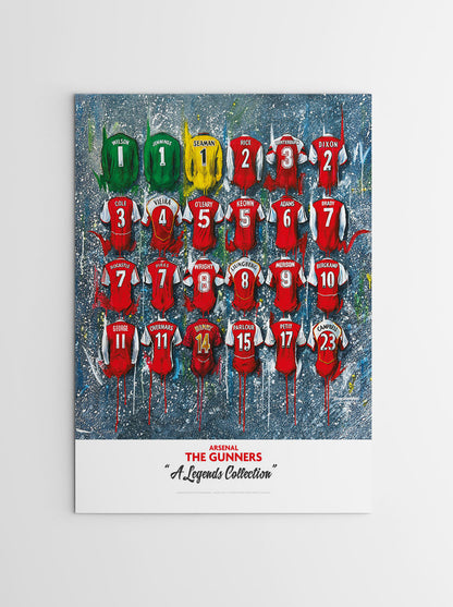 A limited edition A2 print by Terry Kneeshaw featuring 24 iconic jerseys from Arsenal's legendary players throughout history. The jerseys are arranged in a 4x6 grid and include iconic numbers such as Thierry Henry's #14 and Dennis Bergkamp's #10. This personalized artwork can also include the recipient's name on one of the jerseys, making it a perfect gift for any Arsenal fan.