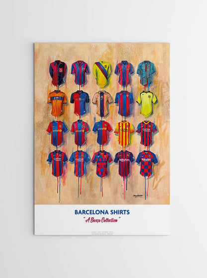 Artwork by Terry Kneeshaw depicting a collection of twenty iconic Barcelona football jerseys worn by the club's legends throughout their history. The jerseys feature the club's crest and kit manufacturer and sponsor logos on the front. The artwork is a high-quality print of a hand-painted original, which uses textured brushstrokes to create a dynamic effect. The print is available in A2 size as a limited edition.