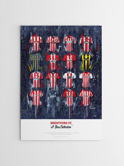 Artwork by Terry Kneeshaw depicting a collection of sixteen iconic Brentford home and away football jerseys worn by the club's legends throughout their history. The kits feature the Brentford FC crest, kit manufacturer, and shirt sponsor logos on the front, and are displayed on a plain white background. The artwork is a high-quality print of a hand-painted original, which uses textured brushstrokes to create a dynamic effect.
