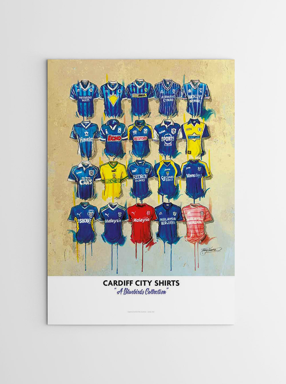 The Cardiff Personalised A2 limited edition print by Terry Kneeshaw features 20 iconic Cardiff jerseys. The artwork showcases the team's history, featuring personalized prints of some of their best and most memorable jerseys. From classic blue and white stripes to modern red and black designs, the print takes fans on a journey through the club's history. It is a must-have for any Cardiff fan looking to celebrate the team's legacy in style.