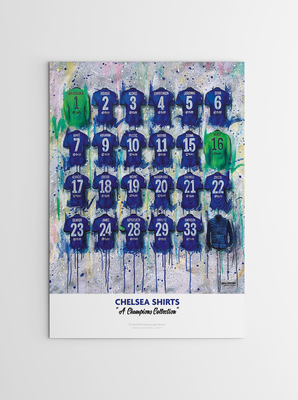 The Chelsea Champions personalised A2 limited edition print by Terry Kneeshaw features 16 iconic jerseys worn by the Blues players throughout their various championship-winning campaigns. This stunning artwork celebrates Chelsea's triumphs and achievements, showcasing the team's success through the years. The print is customisable with the option to include a name or message, making it a unique and special gift for any Chelsea fan or football enthusiast.