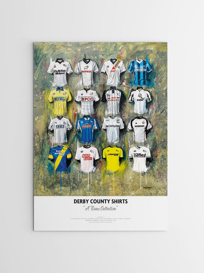 The Derby County Personalised A2 limited edition print by Terry Kneeshaw features 16 iconic jerseys. The artwork showcases the team's history with personalized details such as the name of the recipient and their preferred squad number. The design includes jerseys worn by club legends such as Steve Bloomer, Roy McFarland, and Dean Saunders. This limited edition print is a perfect gift for any Derby County fan looking to celebrate the team's rich history and tradition.