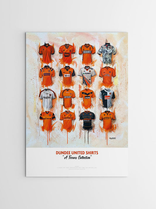 A high-quality print of a hand-painted original artwork by Terry Kneeshaw featuring 16 iconic Dundee United football jerseys worn by the club's legends throughout their history. The jerseys are predominantly tangerine with black accents and feature the Dundee United crest and shirt sponsor logos on the front. The artwork uses textured brushstrokes to create a dynamic effect and is available in an A2 size format, with options for framed or unframed versions.