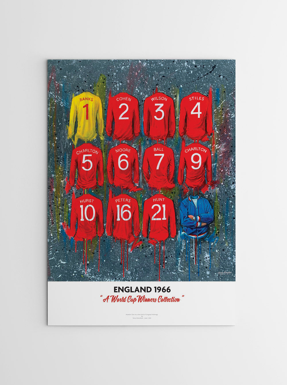 Artwork by Terry Kneeshaw depicting the England 1966 World Cup-winning team's sixteen iconic jerseys. The kits feature a predominantly white color scheme with red and blue accents, featuring the Three Lions crest, kit manufacturer, and shirt sponsor logos on the front. The artwork is a high-quality print of a hand-painted original, which uses textured brushstrokes to create a dynamic effect. 