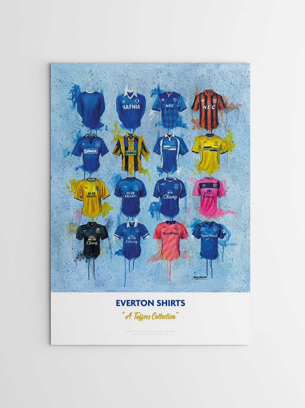 This is a limited edition A2 print featuring 16 iconic Everton team shirts. Each shirt is arranged in a grid pattern, with a personalized name and number printed below each one. The artwork, created by Terry Kneeshaw, celebrates some of Everton's most memorable kits from throughout the years. This print would be a great addition to any Everton fan's collection and serves as a tribute to the club's rich history and legacy.