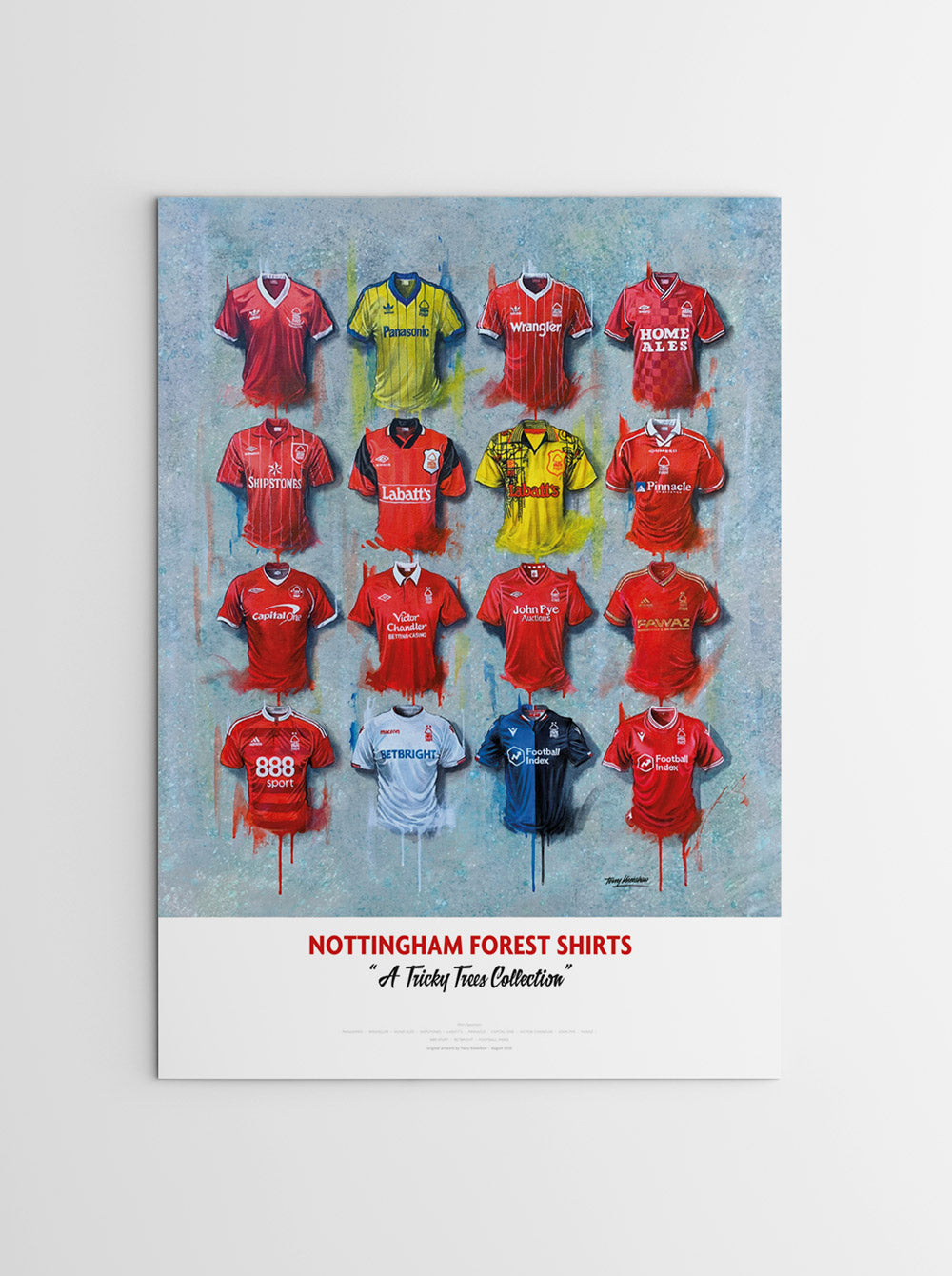 This personalised limited edition print artwork by Terry Kneeshaw features 16 iconic jerseys of Nottingham Forest football team. Measuring A2 in size, the print showcases the rich history of the club, featuring some of the team's most memorable shirts from past decades. This unique artwork is perfect for avid fans of Nottingham Forest and football enthusiasts alike. The personalised aspect of the print adds an extra special touch to this already impressive piece.