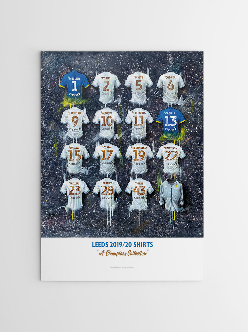 The Leeds Champions Personalised A2 limited edition print artwork by Terry Kneeshaw showcases 16 iconic team shirts. The artwork includes the historic jersey from the 2019/20 Championship team. Fans can personalize the artwork to include their name or a special message. This limited edition print is a must-have for all Leeds United supporters.