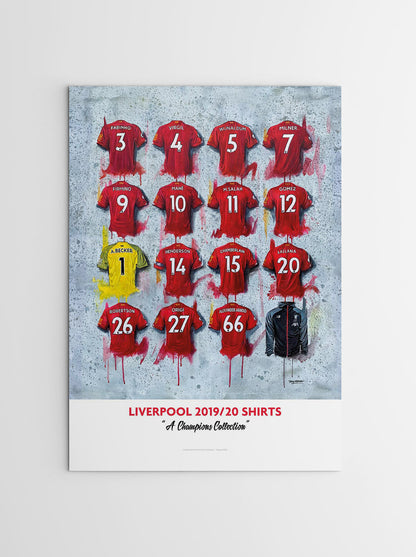 The artwork features the jerseys worn by the Liverpool team during their 2019-20 championship-winning season, including jerseys from players such as Mohamed Salah, Sadio Mane, Virgil van Dijk, and Jordan Henderson. Each jersey is rendered in exquisite detail and is accompanied by the player's name and number. The artwork celebrates Liverpool's historic victory in the Premier League, their first top-flight championship in 30 years.