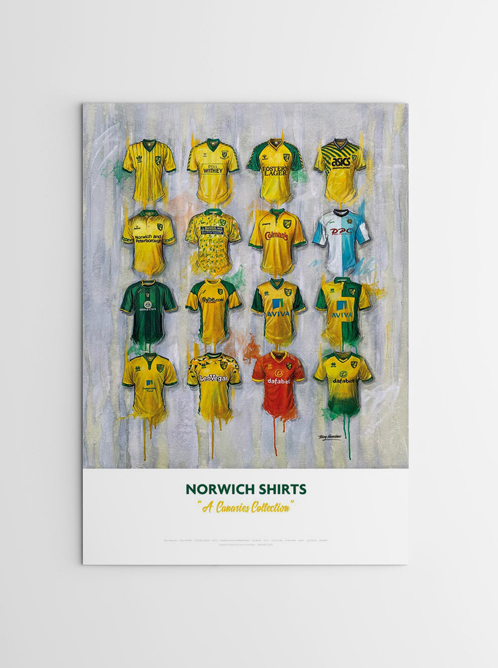 This is a limited edition print artwork by Terry Kneeshaw featuring 16 iconic Norwich team shirts. The Personalised A2 print showcases the evolution of the club's kits from 1970 to 2021, including the memorable 1992-1994 "bird poop" jersey. The artwork highlights the club's rich history and is a must-have for any Norwich fan. The A2 size makes it a great addition to any room or office space.