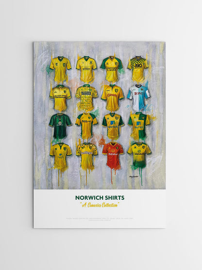 This is a limited edition print artwork by Terry Kneeshaw featuring 16 iconic Norwich team shirts. The Personalised A2 print showcases the evolution of the club's kits from 1970 to 2021, including the memorable 1992-1994 "bird poop" jersey. The artwork highlights the club's rich history and is a must-have for any Norwich fan. The A2 size makes it a great addition to any room or office space.