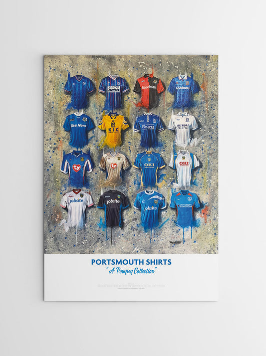 The personalized A2 limited edition print artwork by Terry Kneeshaw features 16 iconic Portsmouth team shirts. This artwork includes famous Portsmouth jerseys throughout their history. The artwork is designed on an A2 paper size and is a limited edition print. The print showcases the rich history of Portsmouth's football team with a personalized touch. The artwork is perfect for Portsmouth supporters and football enthusiasts who want to celebrate the team's heritage and history.