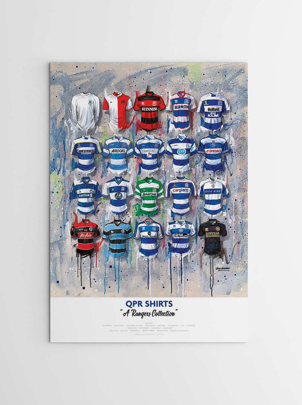 A limited edition A2 print by artist Terry Kneeshaw, featuring 20 iconic jerseys from the QPR football team's history. The jerseys are arranged in a symmetrical grid pattern and are labelled with the corresponding year and design. The artwork has a vintage feel, with muted colours and a slightly distressed texture. Perfect for any QPR fan.