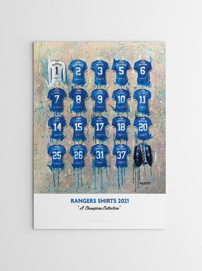 A limited edition A2 print by artist Terry Kneeshaw, celebrating the championship-winning jerseys of the Rangers football team. The artwork features 20 iconic jerseys arranged in a symmetrical grid pattern, with each one labelled with the corresponding year and design. The print has a vintage feel and is perfect for any Rangers fan