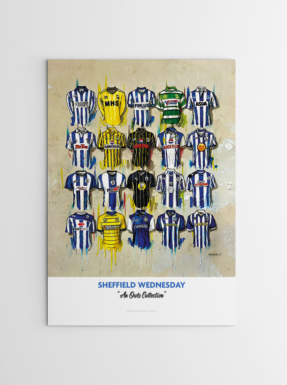 A limited edition A2 print by artist Terry Kneeshaw, featuring 20 iconic jerseys from the history of the Sheffield Wednesday football team. The jerseys are arranged in a symmetrical grid pattern and are labelled with the corresponding year and design. The artwork has a vintage feel, with muted colours and a slightly distressed texture. Perfect for any Sheffield Wednesday fan.