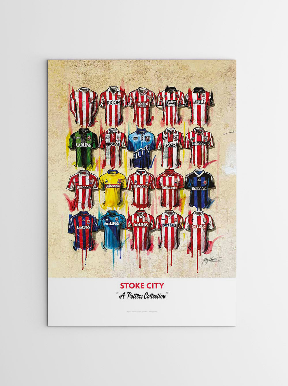 The Stoke team shirts personalised A2 limited edition print artwork by Terry Kneeshaw features 20 iconic jerseys of the club. The artwork showcases the classic Stoke team shirts over the years, including home and away shirts. Fans can enjoy a trip down memory lane as they admire the evolution of the club's kit designs. The print is of high quality, making it the perfect addition to any Stoke City supporter's collection.