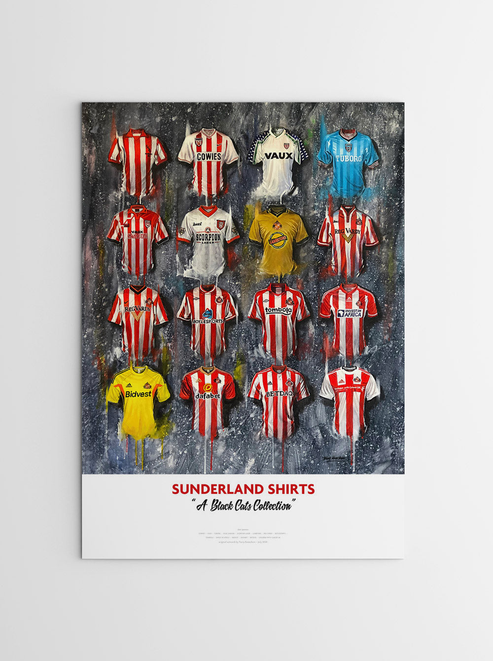 A limited edition A2 print by artist Terry Kneeshaw, featuring 16 iconic jerseys from the history of the Sunderland football team. The jerseys are arranged in a 4x4 grid pattern and are labeled with the corresponding year and design. The artwork has a vintage feel, with muted colors and a slightly distressed texture. The jerseys include classic designs such as the red and white striped shirt and the predominantly red shirt with a black stripe, as well as recent designs. Perfect for any Sunderland fan.