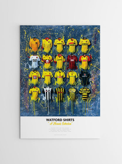 A limited edition A2 print by artist Terry Kneeshaw, featuring 16 iconic jerseys from the history of the Watford football team. The jerseys are arranged in a 5x4 grid pattern and are labeled with the corresponding year and design. The artwork has a vintage feel, with muted colors and a slightly distressed texture. The jerseys include classic designs such as the yellow and black striped shirt and the predominantly red shirt with a black stripe, as well as recent designs. Perfect for any Watford fan.