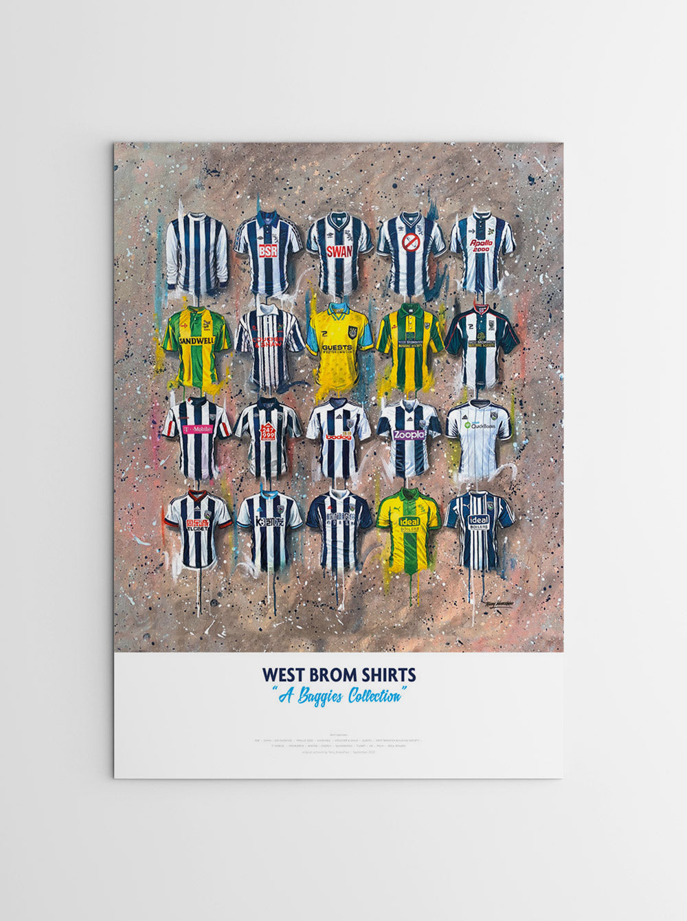 This personalised A2 limited edition print artwork by Terry Kneeshaw features 20 iconic West Brom team shirts. The artwork showcases the evolution of the team's shirts from the past to the present. Each shirt is unique and displays the team's colours and logos, with intricate details that make it a must-have for any West Brom fan. The print is perfect for framing and displaying in your home or office. It is a great way to show your support and love for West Bromwich Albion Football Club.