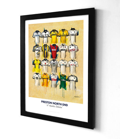 The jerseys are arranged in a symmetrical grid pattern and are labelled with the corresponding year and design. The artwork has a vintage feel, with muted colours and a slightly distressed texture. The jerseys feature a mix of blue and white stripes, white with blue and yellow accents, and yellow with blue and white accents, showcasing the team's design evolution over time. This print would be a great addition to any Preston North End fan's collection.