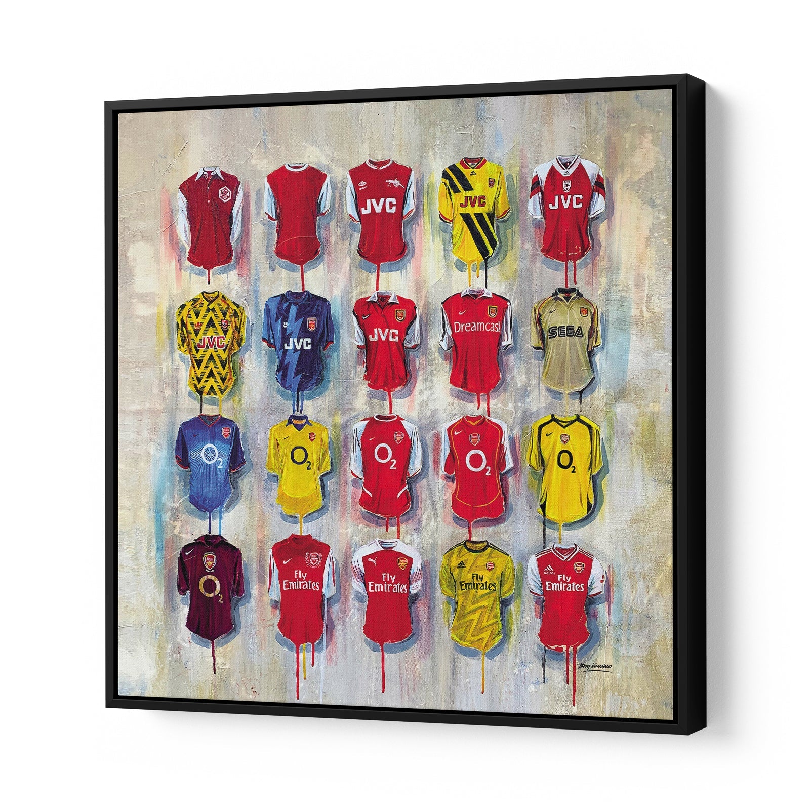 Arsenal Gunners Canvases by Terry Kneeshaw are a collection of striking artworks that come in a variety of sizes, including 20x20, 30x30, and 40x40. Each canvas is available in either a framed or unframed black floating frame. The artwork features a visually dynamic abstract composition with bold, bright colors and textures that pay homage to the iconic Arsenal Gunners team. Perfect for any Arsenal fan, these canvases are a great addition to any room and are sure to impress.