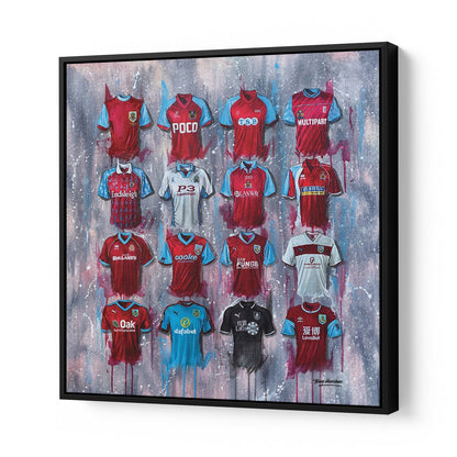 Burnley Canvases by Terry Kneeshaw come in various sizes, including 20x20, 30x30, and 40x40. Each canvas is available in either a framed or unframed black floating frame. The artwork features a captivating abstract composition with bold colors and textures that pay tribute to the legendary Burnley team. Perfect for any Burnley fan or football enthusiast, these canvases are a great addition to any room and are sure to inspire admiration and nostalgia for the iconic team.
