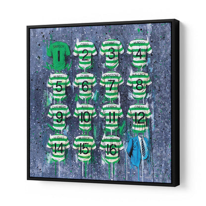 Celtic Lisbon Lions Canvases by Terry Kneeshaw come in various sizes, including 20x20, 30x30, and 40x40. Each canvas is available in either a framed or unframed black floating frame. The artwork features a captivating abstract composition with bold colors and textures that pay tribute to the iconic Lisbon Lions team of Celtic. Perfect for any Celtic fan or football enthusiast, these canvases are a great addition to any room and are sure to inspire admiration and nostalgia for the legendary team.