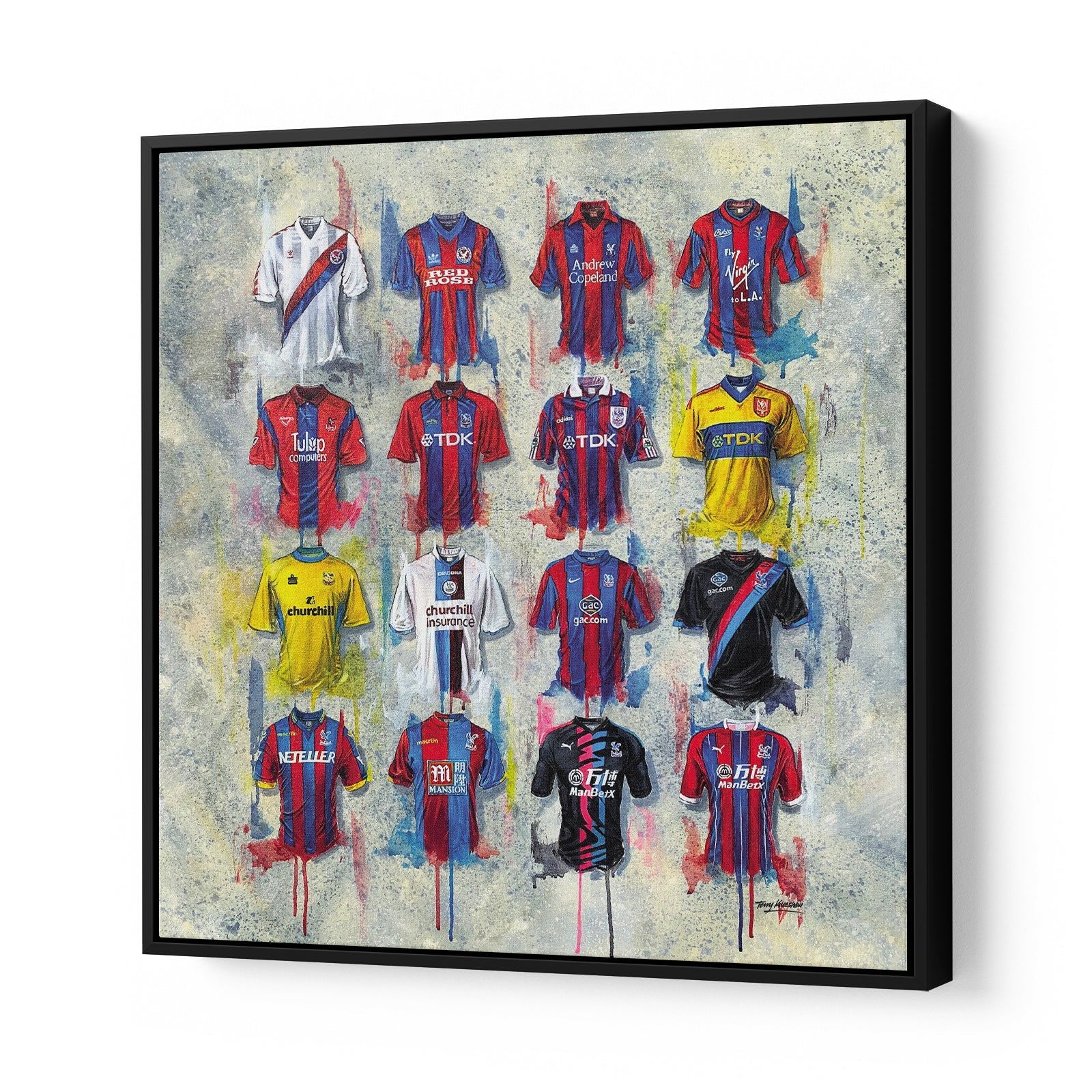 Terry Kneeshaw's Crystal Palace Canvases are an exceptional collection of football-inspired artwork featuring the team's iconic logos and colors. Available in various sizes, including 20x20, 30x30, and 40x40, each canvas can be framed or unframed with a black floating frame. These canvases are perfect for Crystal Palace fans and football enthusiasts alike and are a great addition to any space, capturing the essence of the team's history and legacy.