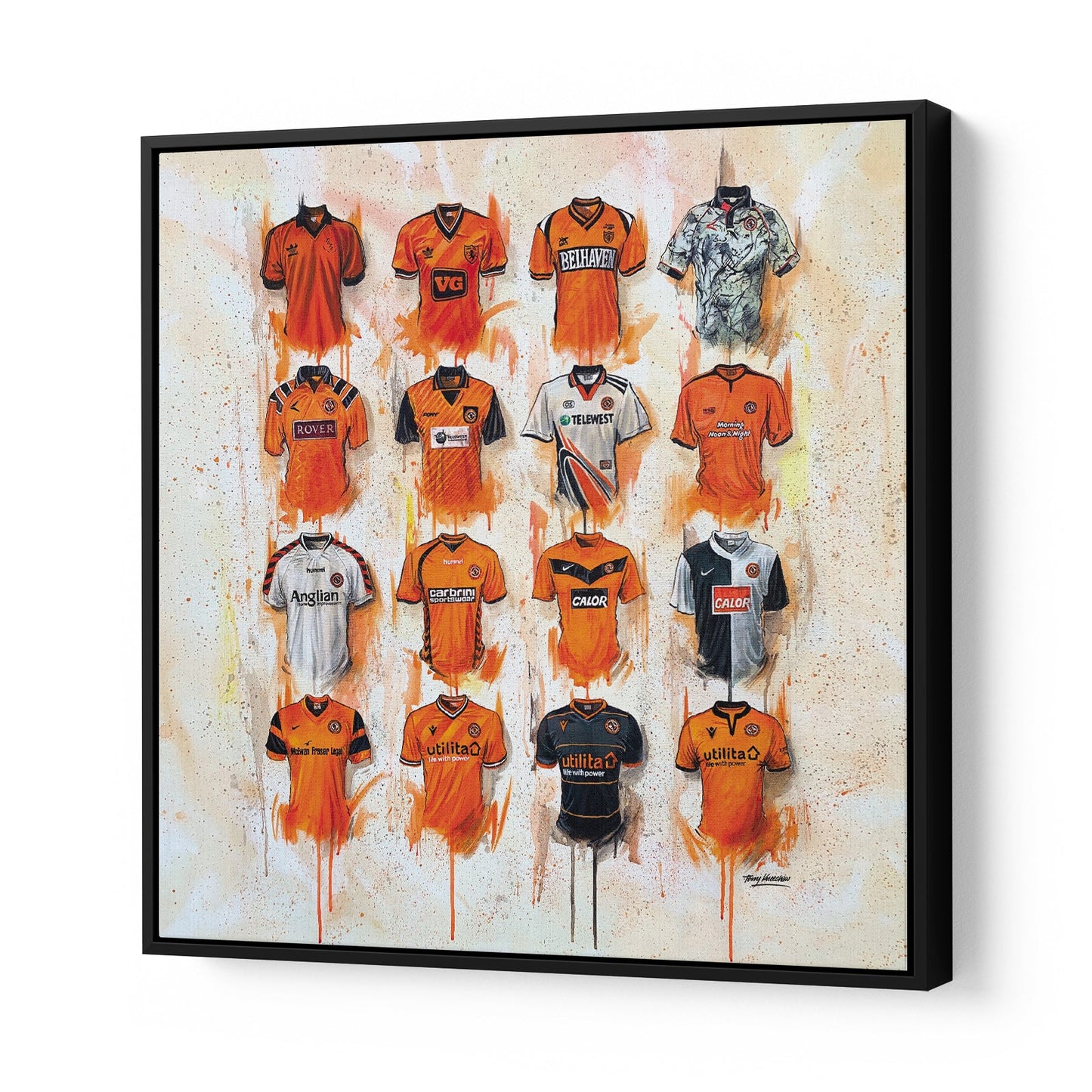 These stunning Dundee United Canvases from Terry Kneeshaw are the perfect way to show support for the club. The artwork is available in various sizes (20x20, 30x30 or 40x40) and can be framed or unframed with a sleek black floating frame. Choose from a range of designs that capture the spirit of the team and celebrate the club's rich history. Ideal for hanging in your home, office, or game room, these canvases are a must-have for any Dundee United fan.
