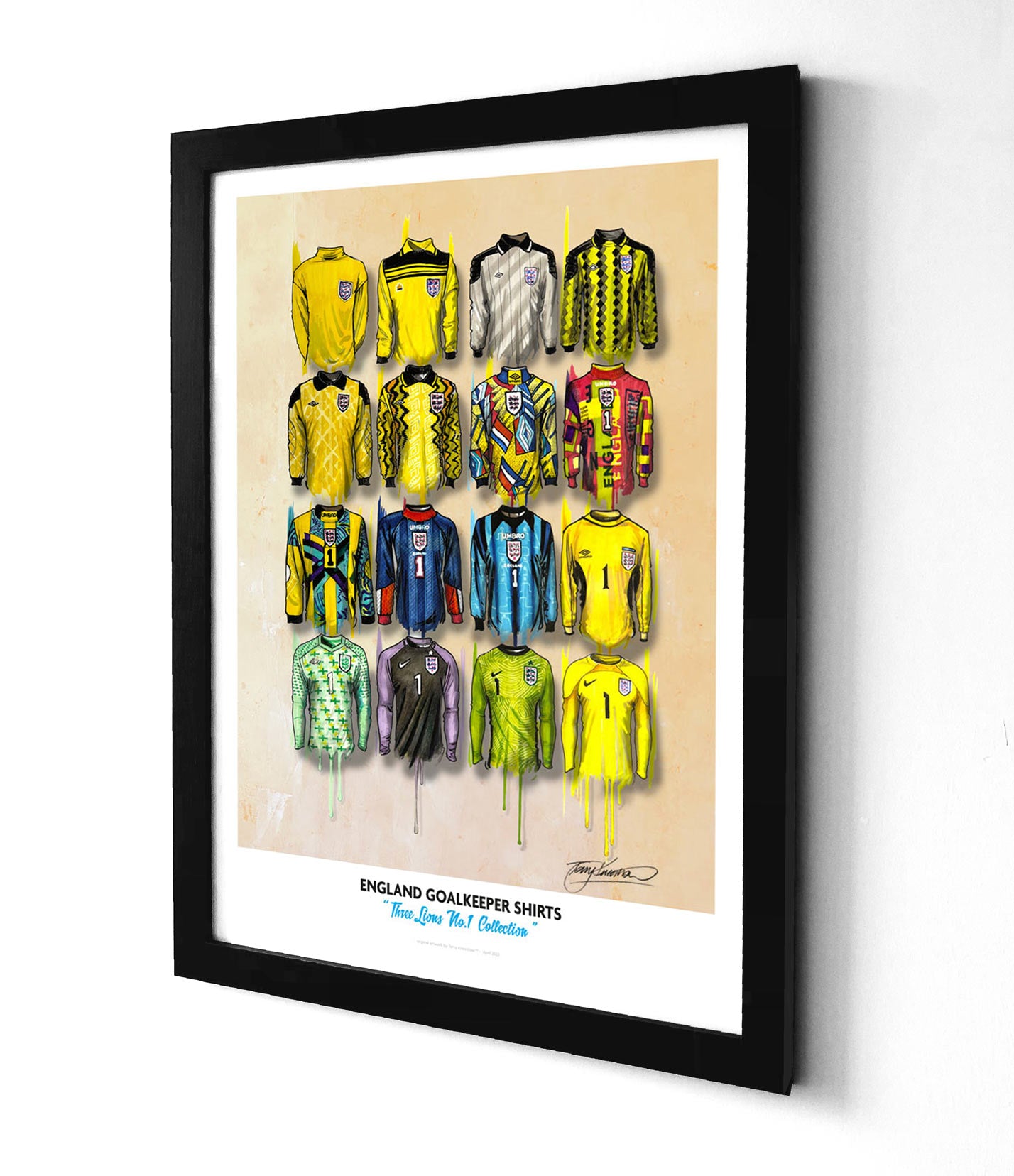 These limited edition A2 prints by Terry Kneeshaw showcase his artwork featuring 16 different England Football Club GoalKeeper jerseys throughout the years. 