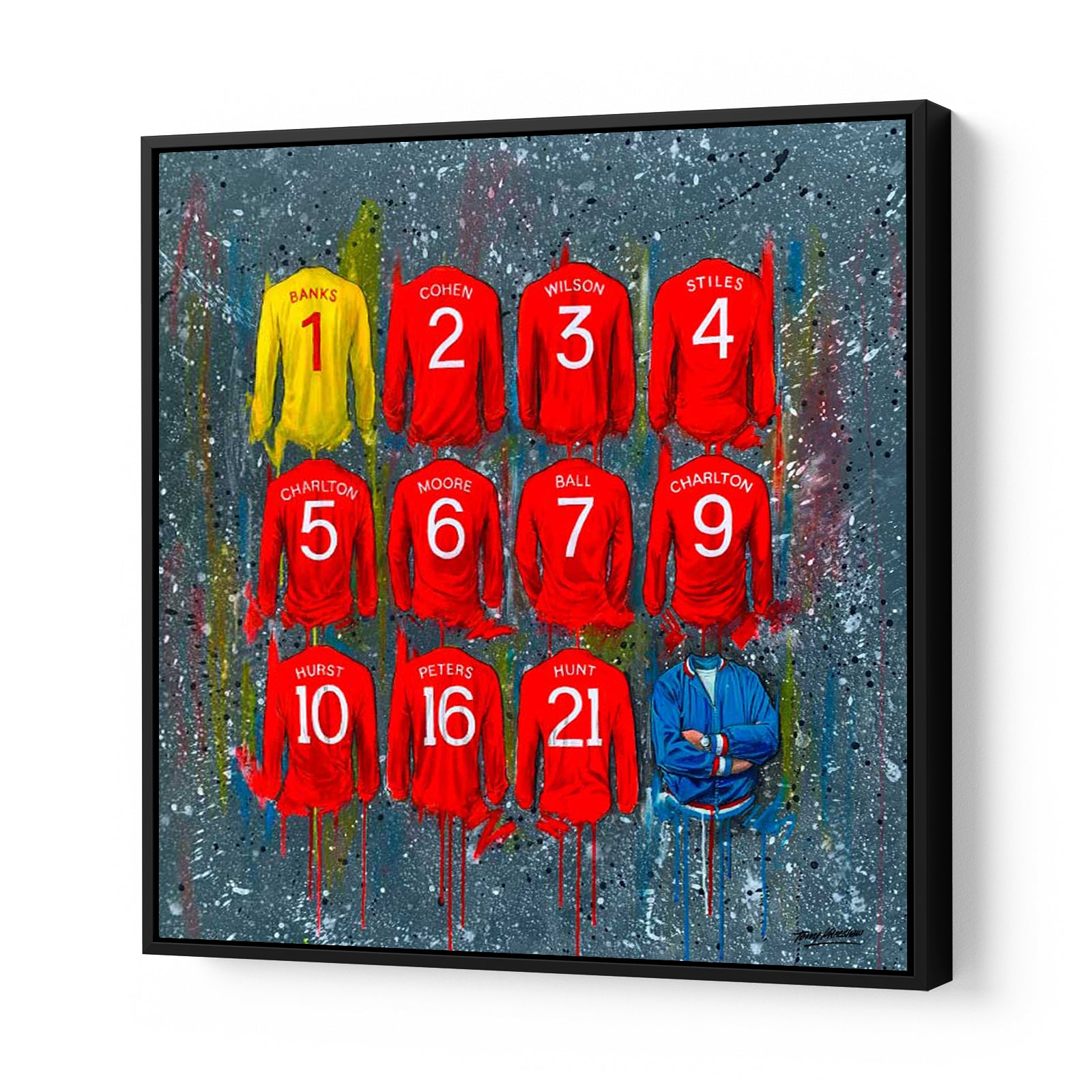 Terry Kneeshaw offers various sizes of England 1966 canvases, perfect for any football fan. Choose between 20x20, 30x30, or 40x40 framed or unframed with a black floating frame. These canvases commemorate the iconic English team that won the 1966 FIFA World Cup, featuring the likes of Bobby Charlton, Geoff Hurst, and Bobby Moore. Each canvas is a unique piece of art that captures the spirit of one of England's greatest footballing achievements.
