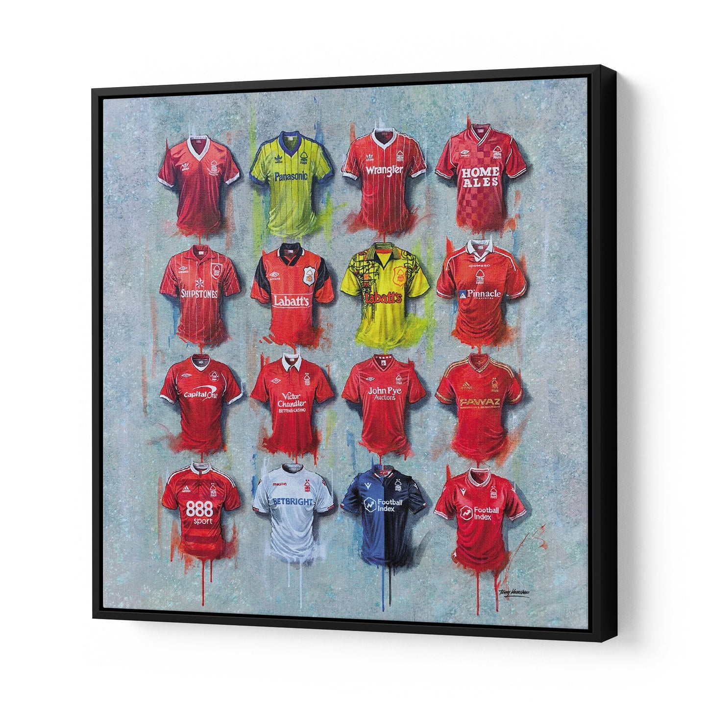 These Nottingham Forest canvases from Terry Kneeshaw are available in various sizes (20x20, 30x30 or 40x40) and framed or unframed in a black floating frame. The artwork features stunning images of the team and its players, perfect for any fan or collector. Add a touch of the Reds to your home or office decor with these high-quality canvases.