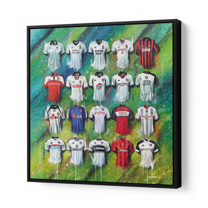 Terry Kneeshaw offers various sized canvas artwork of the Fulham team in his collection. The canvases are available in three sizes: 20x20, 30x30, and 40x40, with the option of framed or unframed black floating frame. The Fulham canvases showcase the team in action, with vivid colors and excellent detailing. They are perfect for die-hard fans looking to add a touch of their favorite team to their home or office decor.
