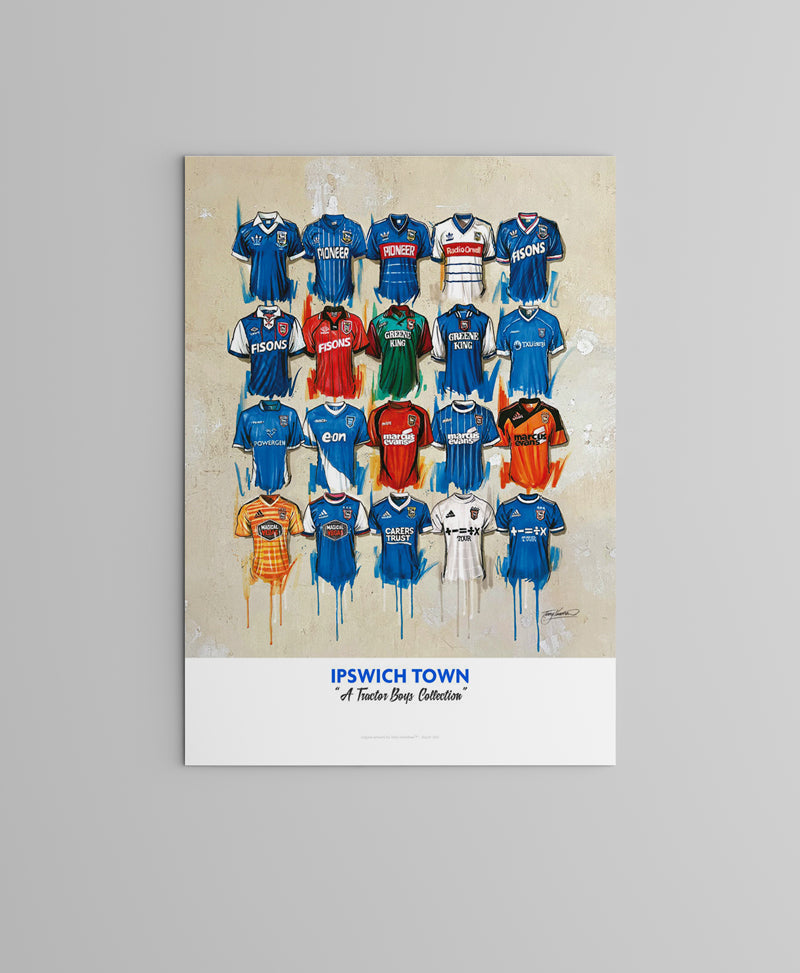 The Ipswich Personalised A2 limited edition print by Terry Kneeshaw is a collection of 20 iconic jerseys of the Ipswich Town Football Club. This unique artwork is a tribute to the rich history of the club, featuring legendary jerseys such as the 1962 FA Cup-winning shirt and the 1981 UEFA Cup-winning shirt. Each jersey is expertly crafted with intricate detail and accuracy, making this print a must-have for any Ipswich fan.