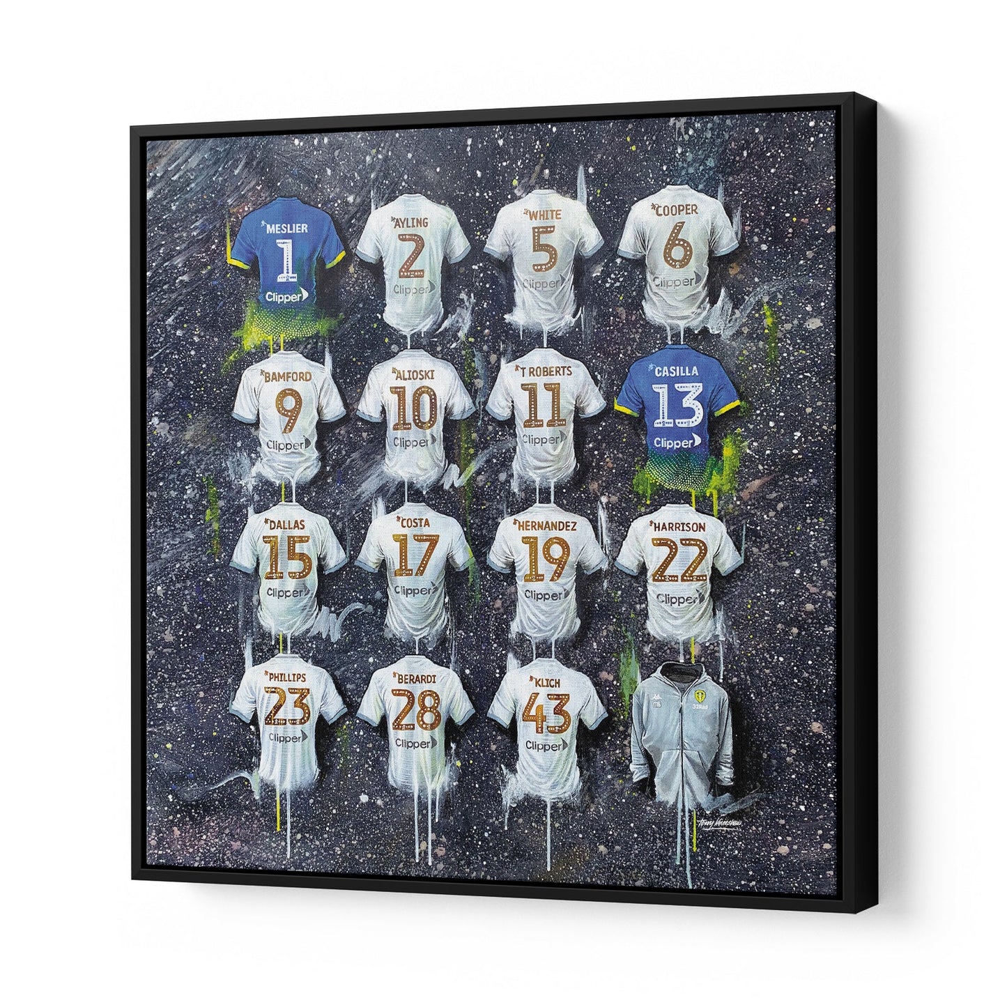 These Leeds Champions Canvases by Terry Kneeshaw celebrate the team's historic win in the 2019-2020 Championship season. Available in various sizes of 20x20, 30x30, or 40x40, these canvases can be purchased framed or unframed with a black floating frame. Featuring vibrant colors and striking imagery, these canvases are perfect for any dedicated Leeds United fan looking to showcase their team spirit in their home or office.