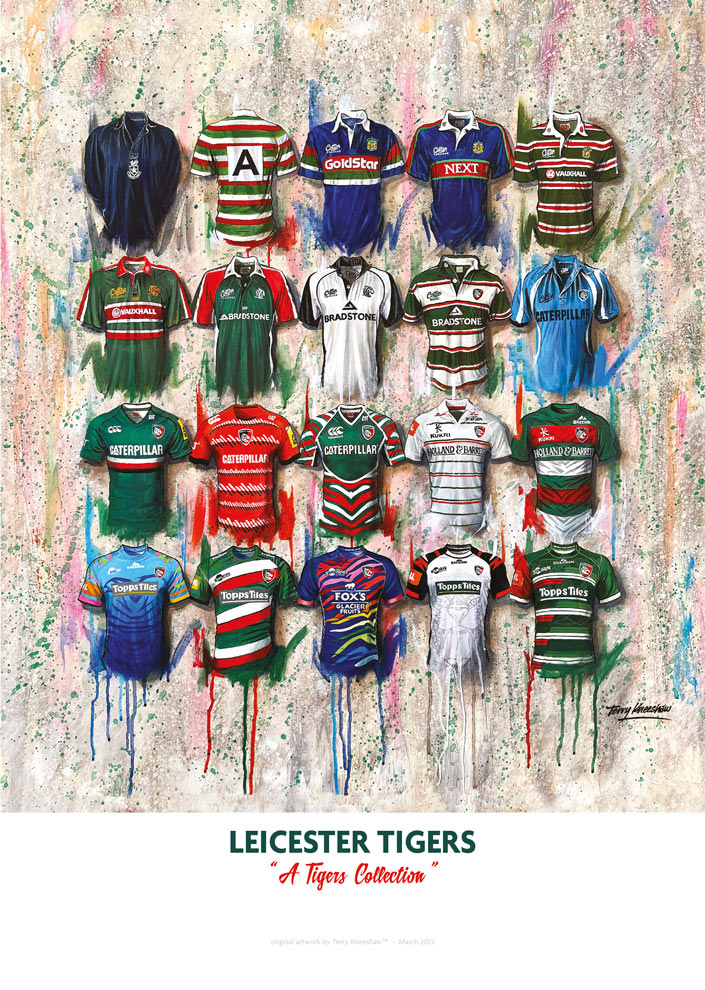 A limited edition print by Terry Kneeshaw depicting 20 iconic Leicester Tigers Rugby jerseys, presented on an A2 size format. The jerseys date back to the 1950s and include home and away jerseys, as well as special editions. The print showcases the rich history of the Leicester Tigers Rugby club through the years, with iconic jerseys worn by legends of the game.